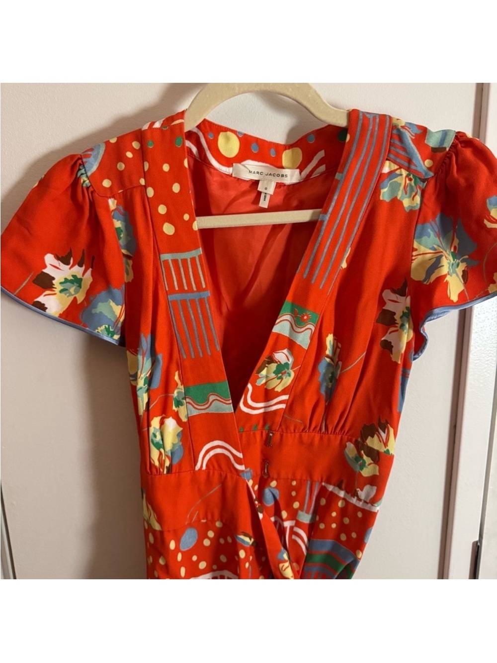 Marc Jacobs Silk Mixed Print Wrap Midi Dress | Orange (Size 0) - Picture 4 of 5